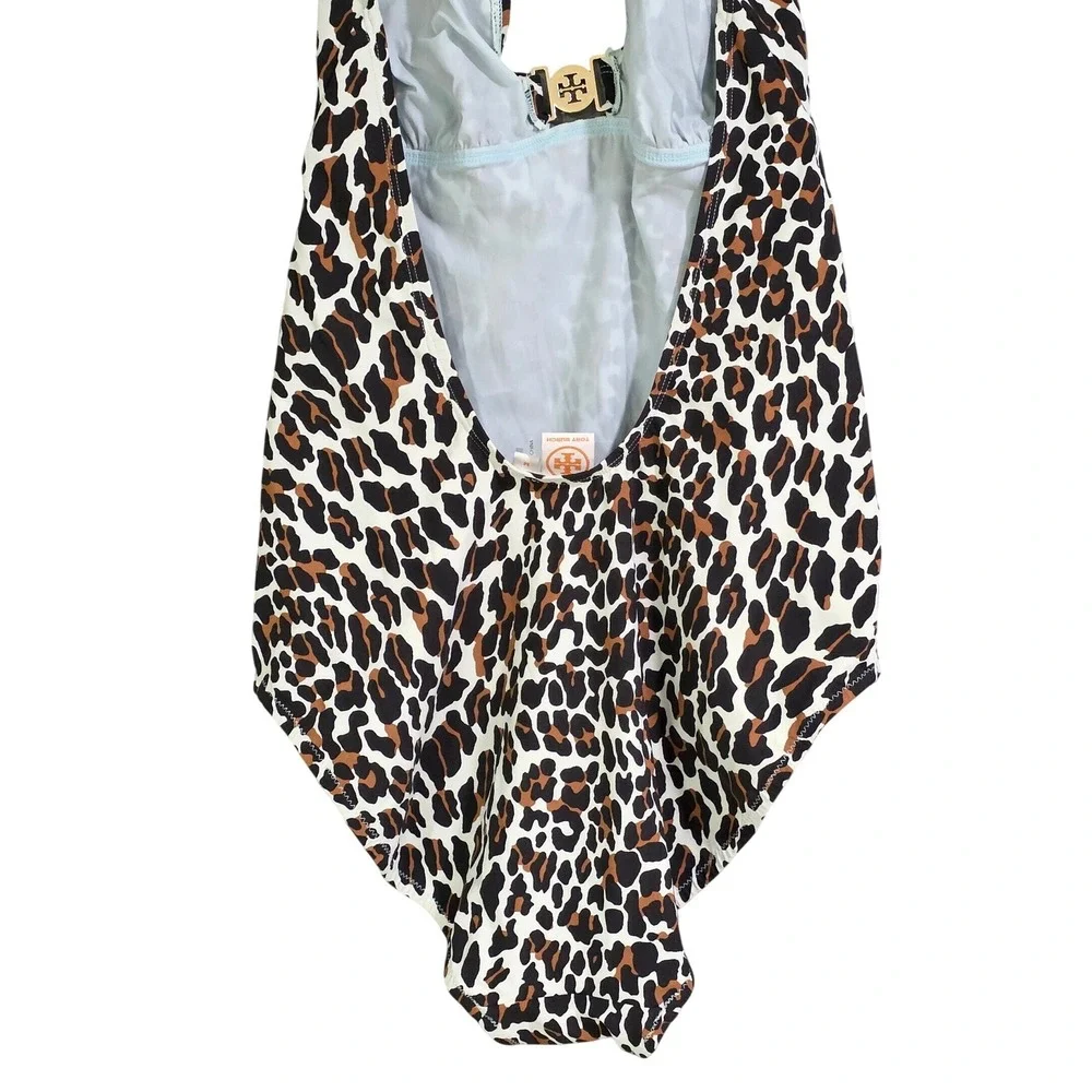 Tory Burch Leopard Print One Piece Swimsuit Womens‎ Medium Brown Excellent Logo